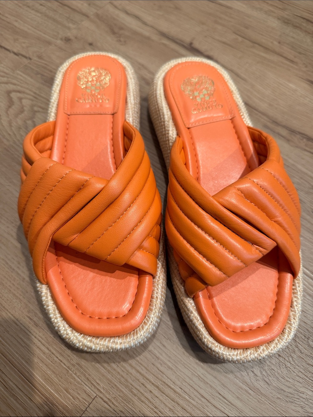 Vince Camuto Orange Quilted Cross-Strap Slide Sandals